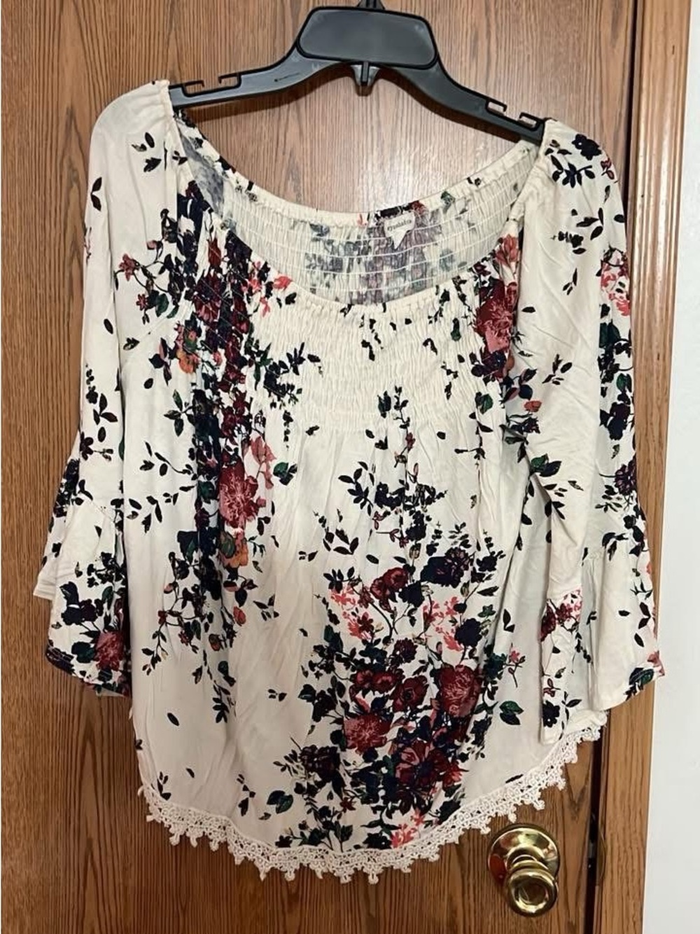 Smocked Floral Peasant Top - Cream with Burgundy & Navy Floral